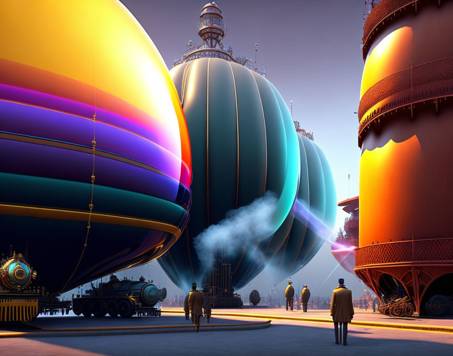 Vibrant futuristic airships docked at steampunk-style station with steam and observers