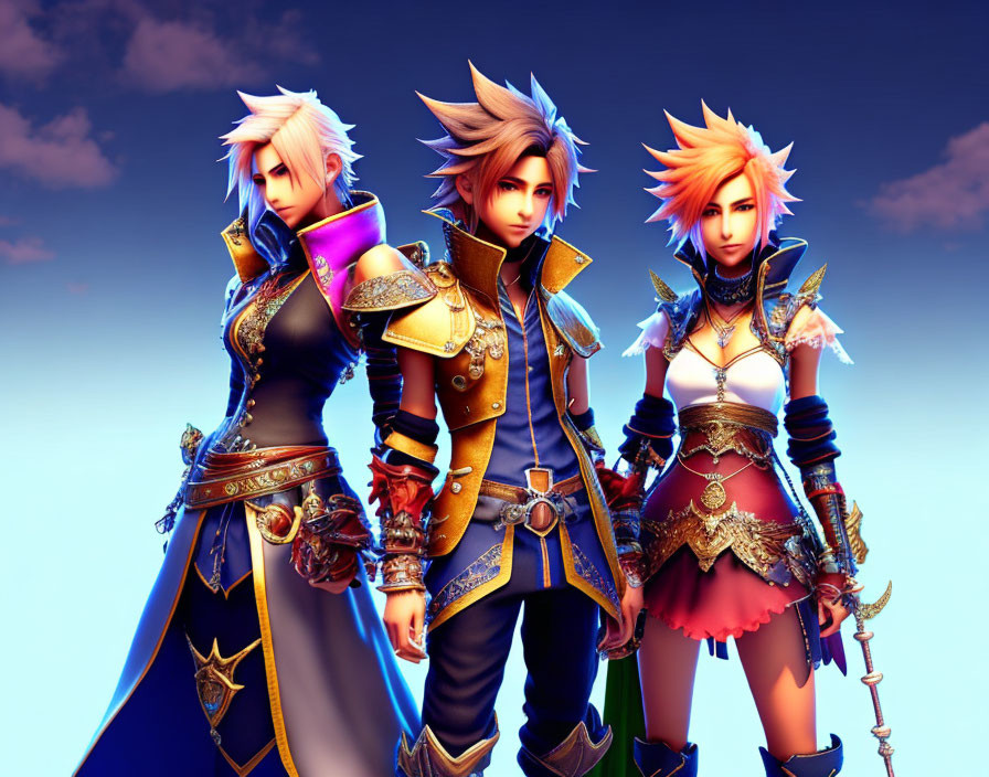 Three stylized animated characters in fantasy armor with unique hair under a blue sky.