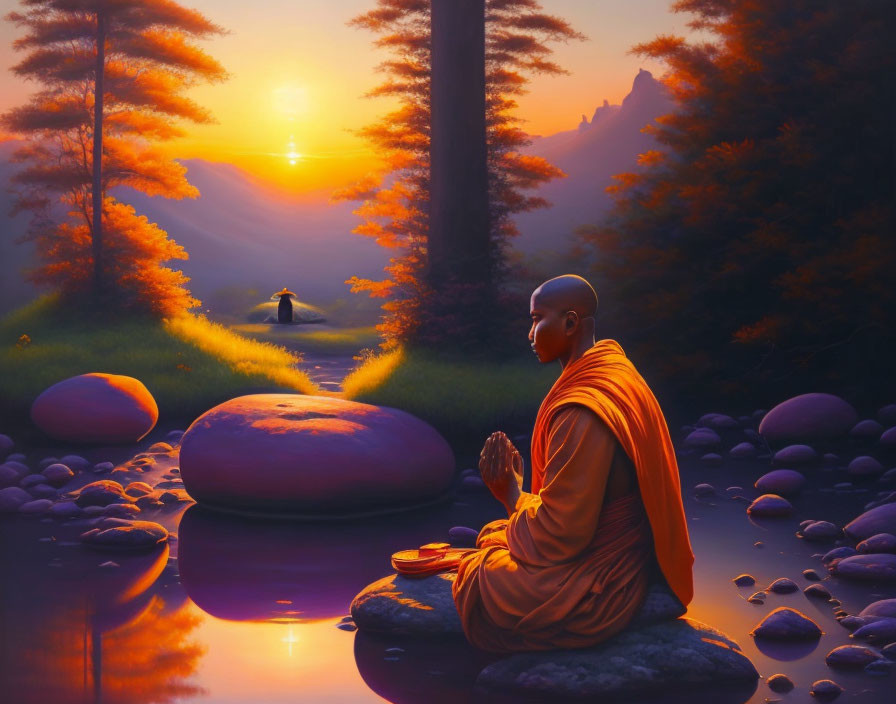 Monk meditating by serene river at sunset