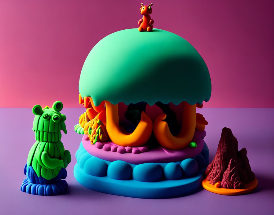 Colorful Clay Burger Sculpture with Playful Elements on Purple Background