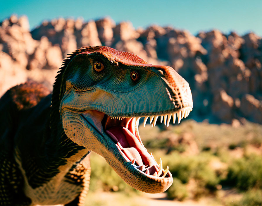 Realistic Dinosaur Model with Open Mouth in Rocky Terrain and Blue Sky