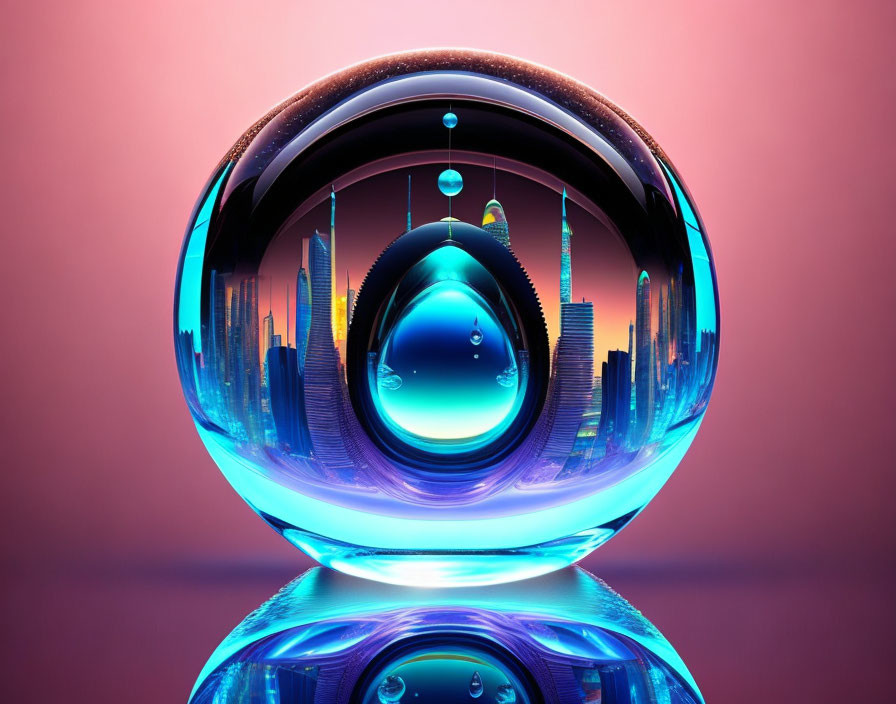 Transparent sphere encapsulating futuristic cityscape on pink background with suspended droplets