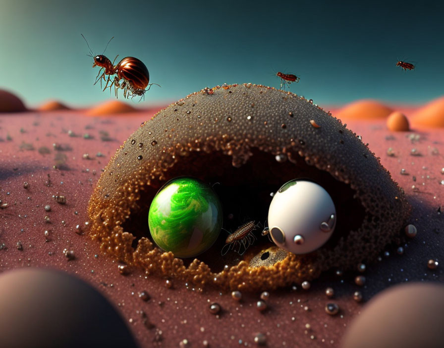 Surreal desert landscape with ants, marbles, and green & white centerpiece