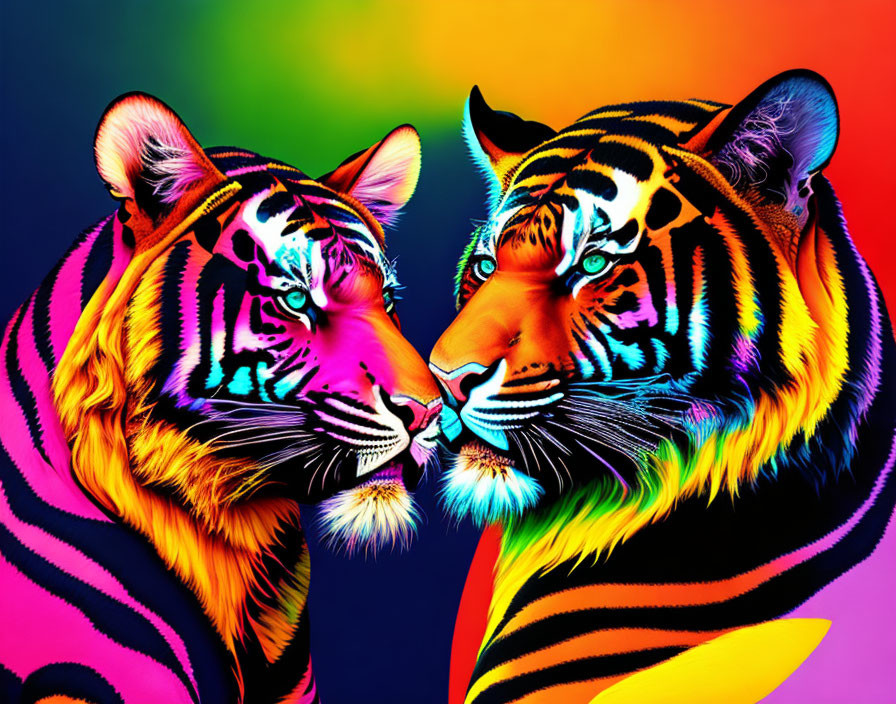 Vibrant rainbow-colored tigers on multicolored backdrop