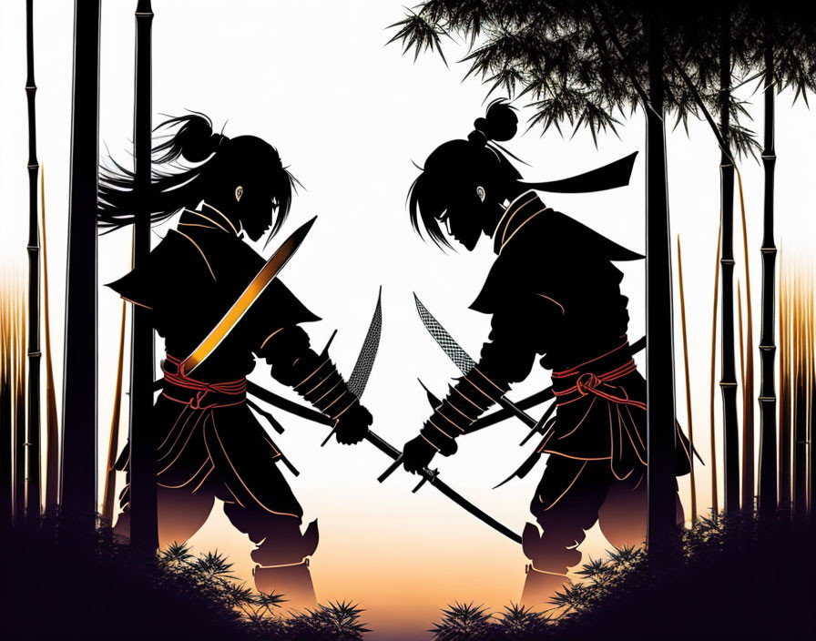 Silhouetted samurai warriors duel in bamboo forest at sunset