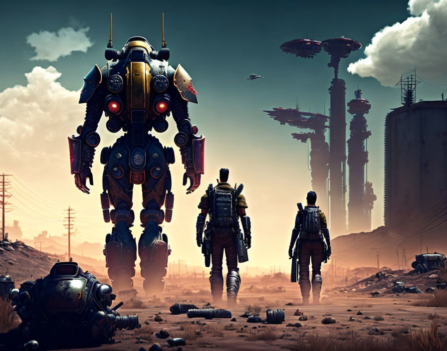 Two individuals and a giant robot in futuristic desert setting with flying vehicles.