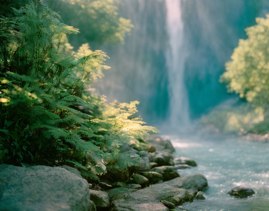 Tranquil river scene with lush greenery and misty waterfall