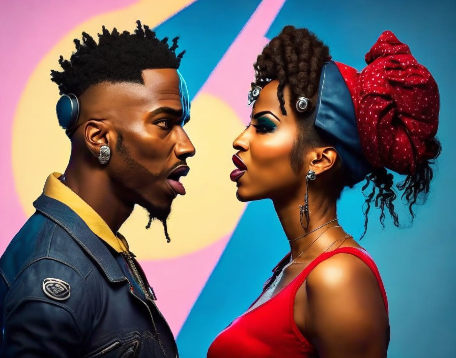 Man and woman with tongues out on colorful background with vibrant fashion.