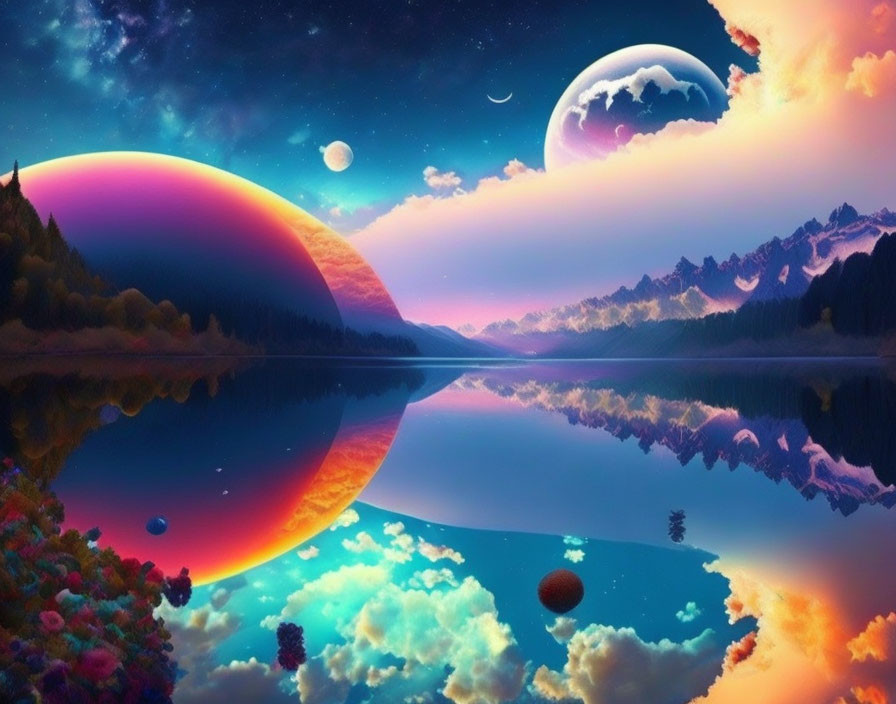 Vibrant surreal landscape: large planet, moons, starry sky, lake, mountains