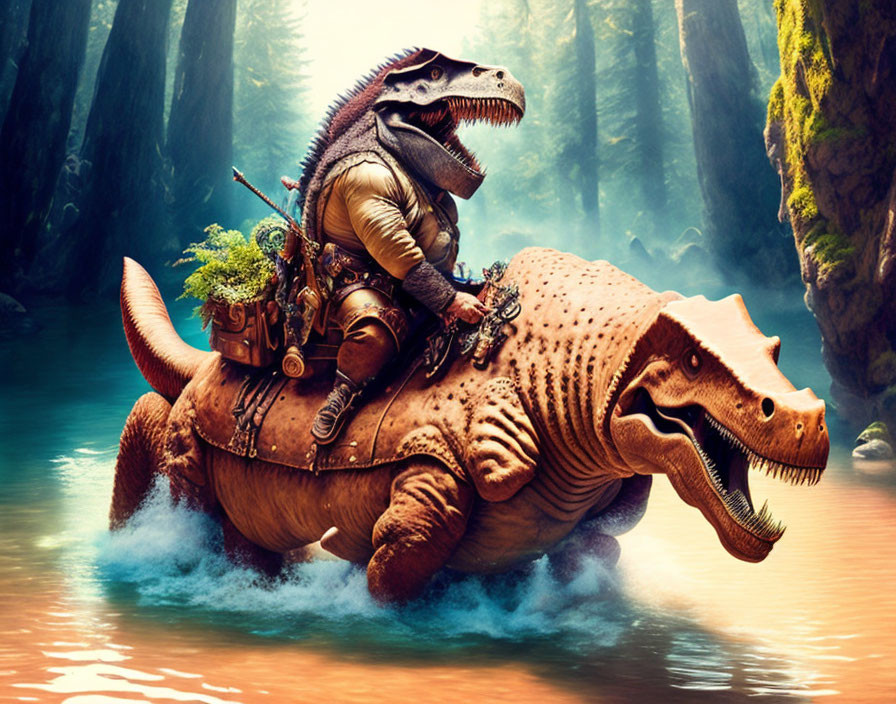 Steampunk rider on Triceratops in mystical forest stream