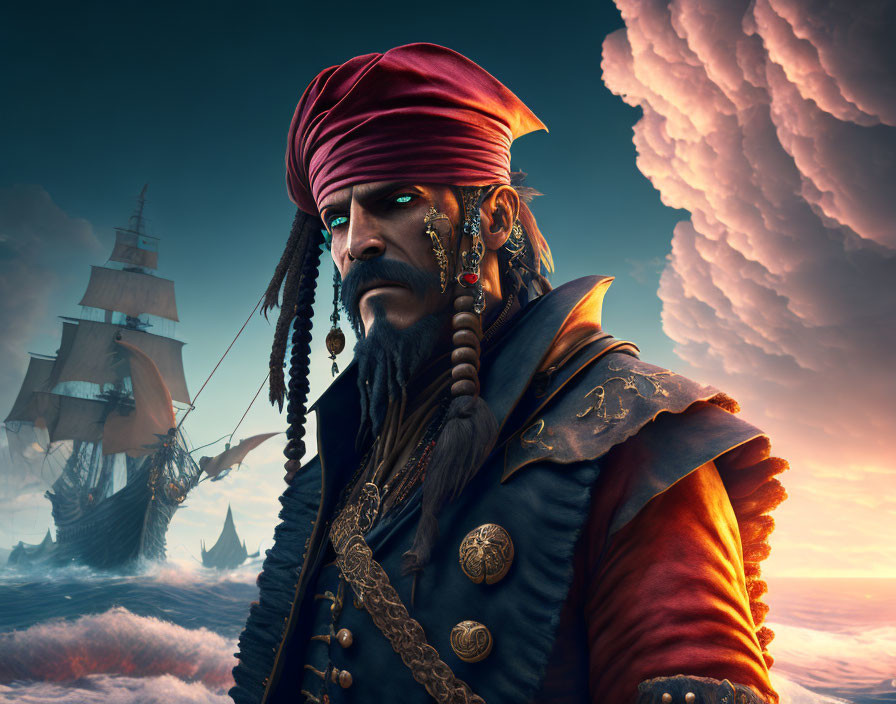 Pirate with red headband, golden earrings, and braided beard on dramatic sea at sunset