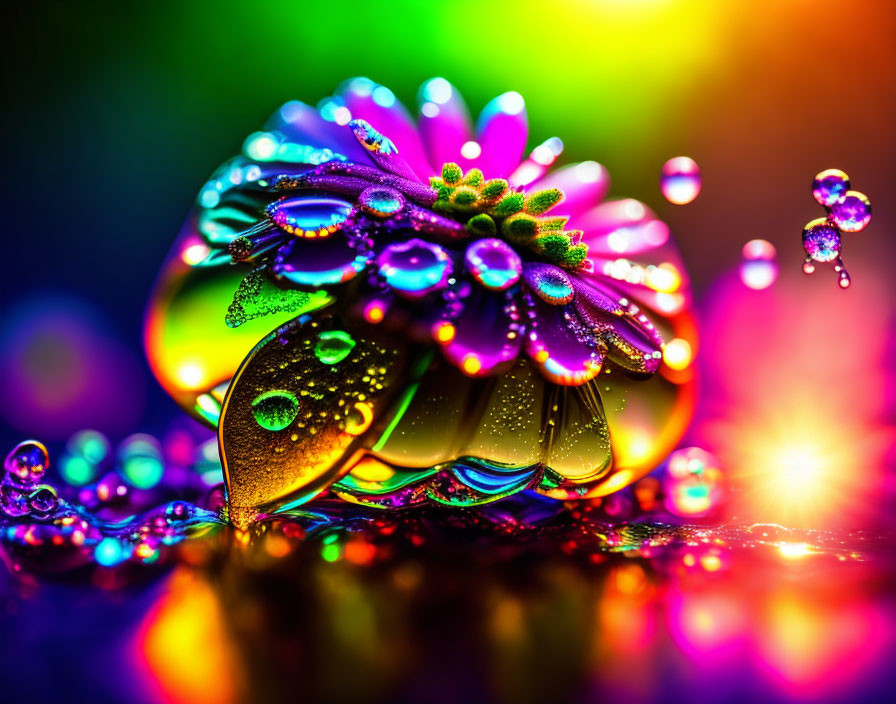 Vibrant macro photography: Water droplets mirror rainbow hues