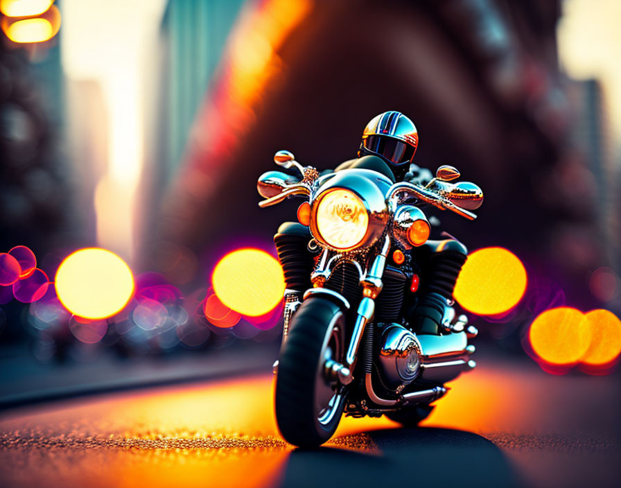 Motorbike rider with full-face helmet on city street at dusk with bokeh lights.