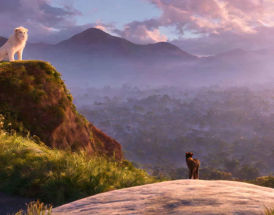 White and dark lions on cliff with jungle and mountains at sunrise