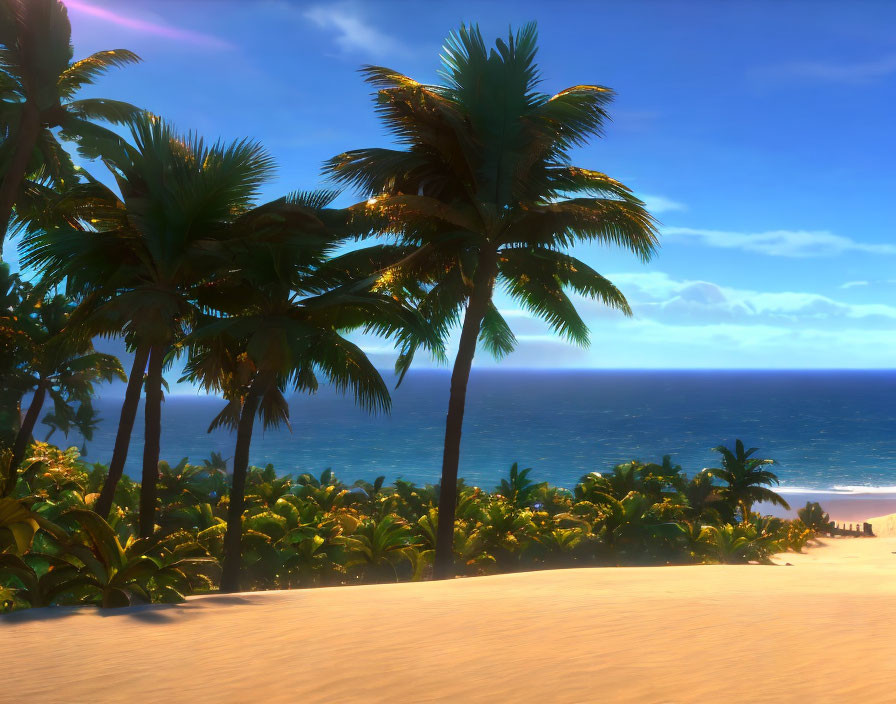 Tranquil tropical beach with palm trees, golden sand, and ocean view