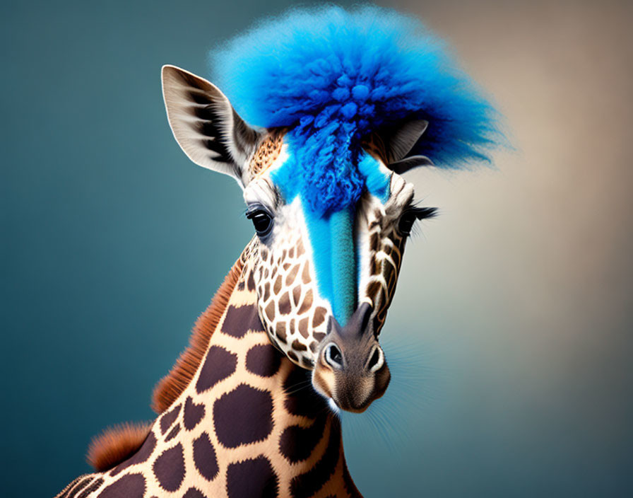 Colorful Giraffe with Blue Punk Mohawk on Blurred Background