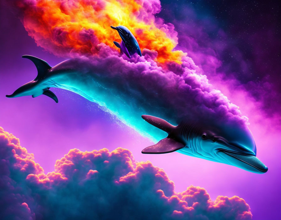 Dolphins with celestial bodies in vibrant cosmic space