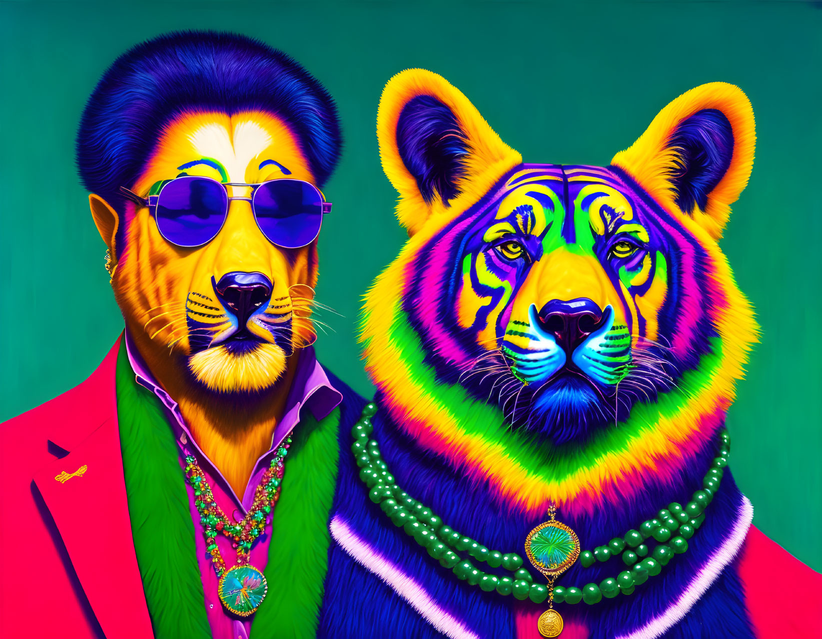 Anthropomorphic big cats in stylish suits and sunglasses on teal and lime background