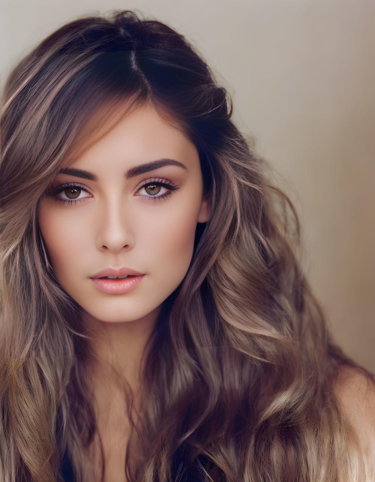 Portrait of woman with long wavy hair and piercing eyes on beige background