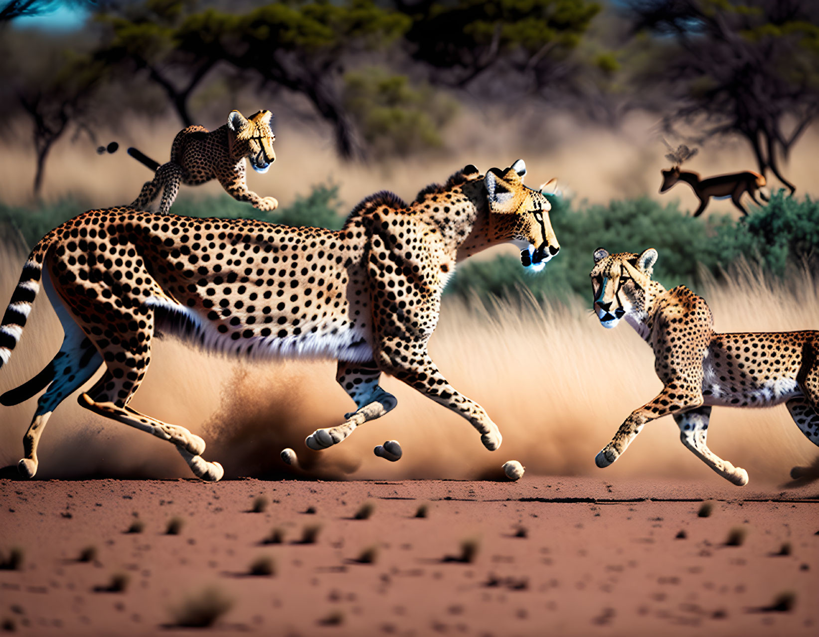 Three cheetahs sprinting on sunlit savanna with sparse trees.