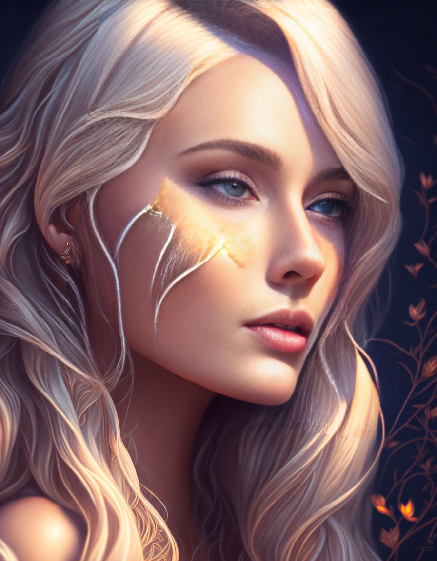 Blonde woman with golden tear in digital portrait against dark background