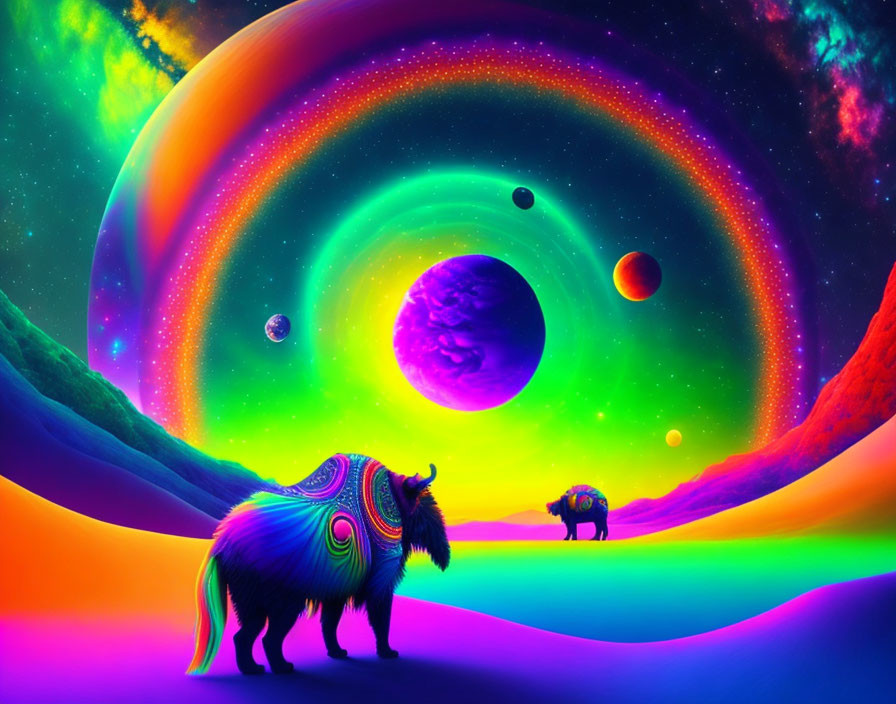 Colorful psychedelic landscape with patterned yaks, neon rainbows, and glowing planets