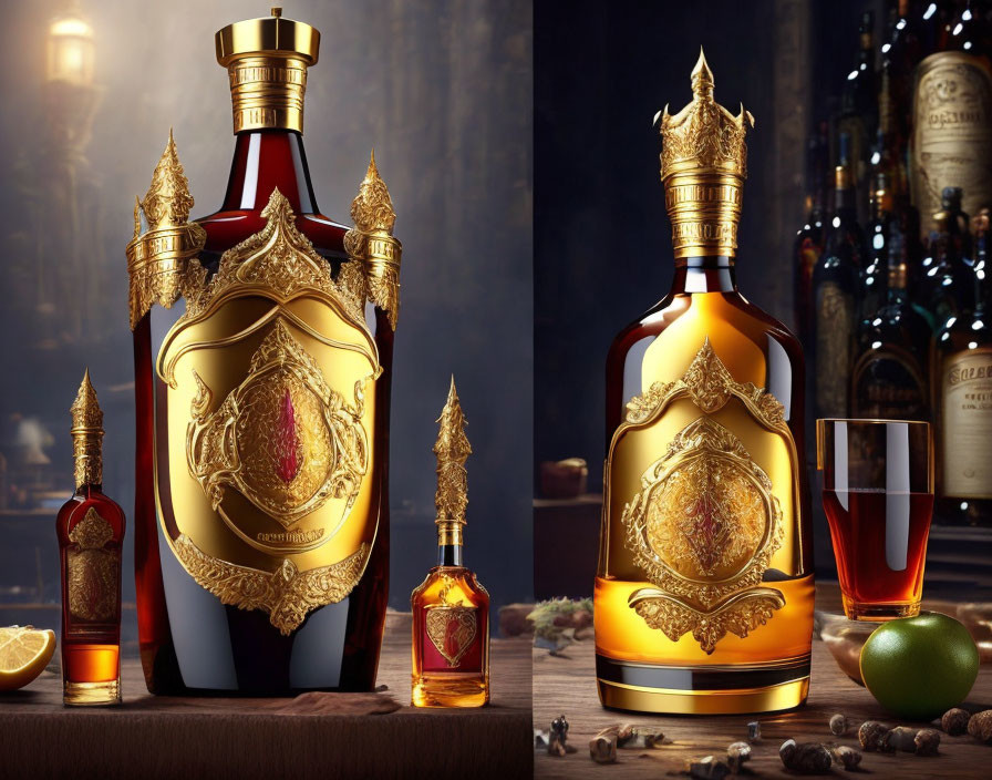 Exquisite liquor bottles with gold designs, amber liquid, citrus fruits, and spices