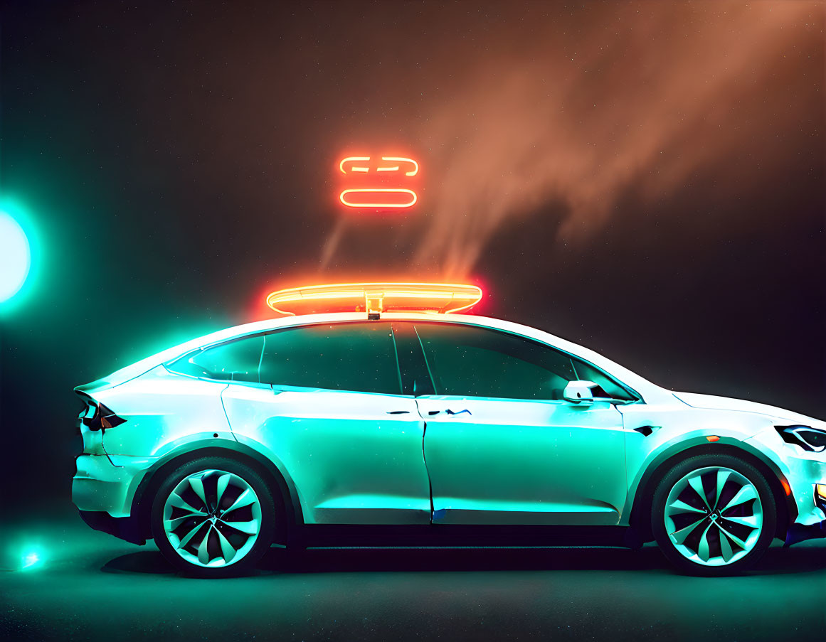 Futuristic electric car with neon lights and floating rings on dark background