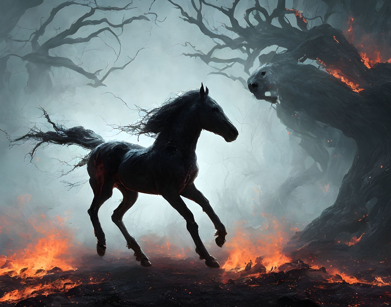 Black horse gallops in fiery landscape with ghostly trees and horse-shaped smoke cloud