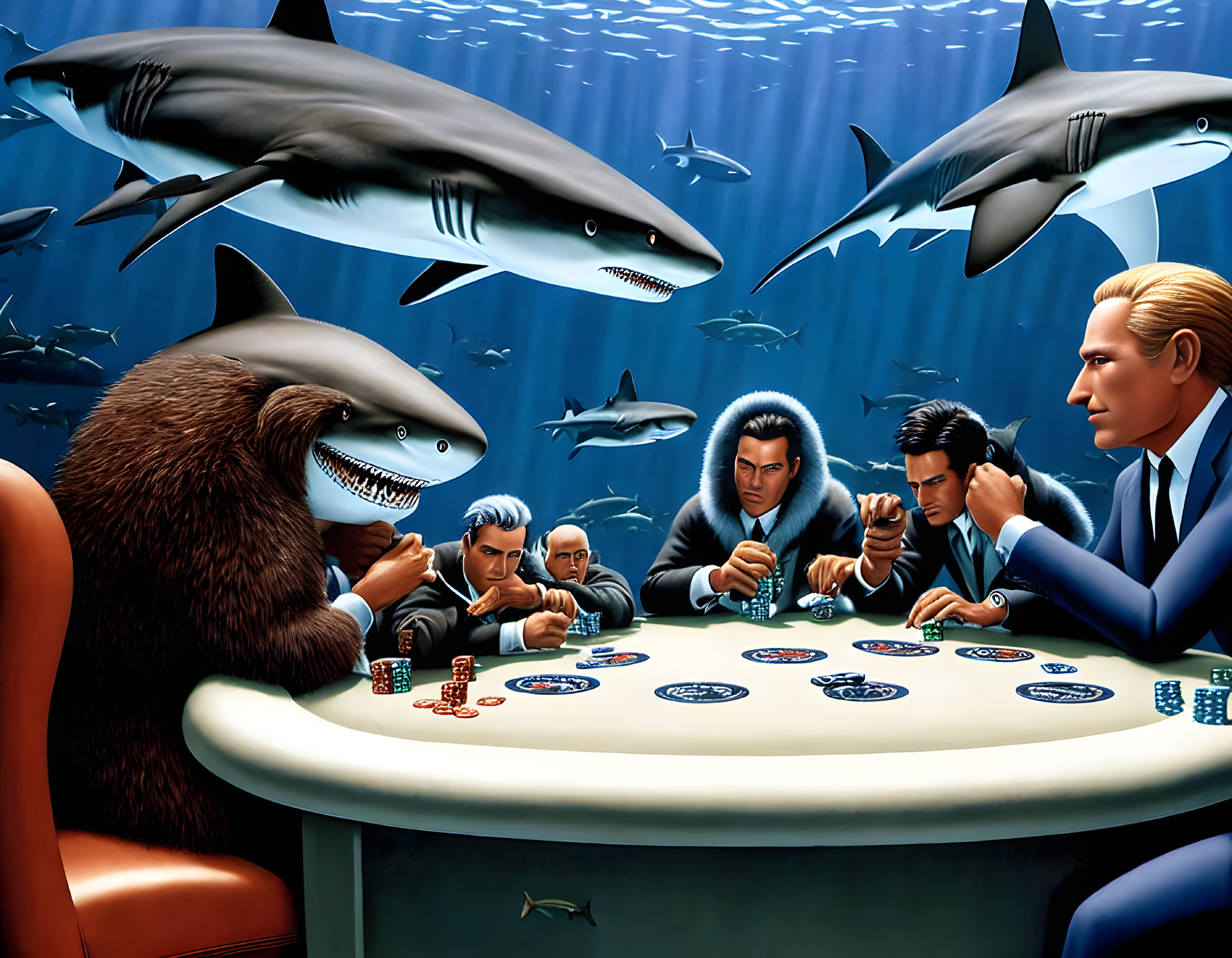 Animal and human poker game underwater with sharks.