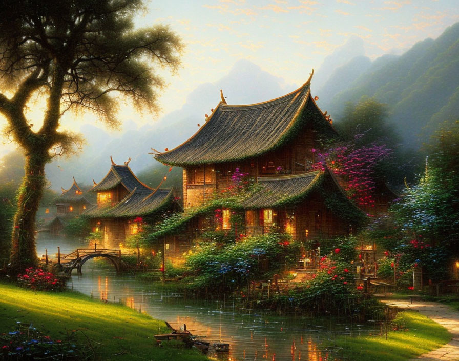 Asian-style Buildings in Lush Greenery with Calm Waters and Golden Sunlight