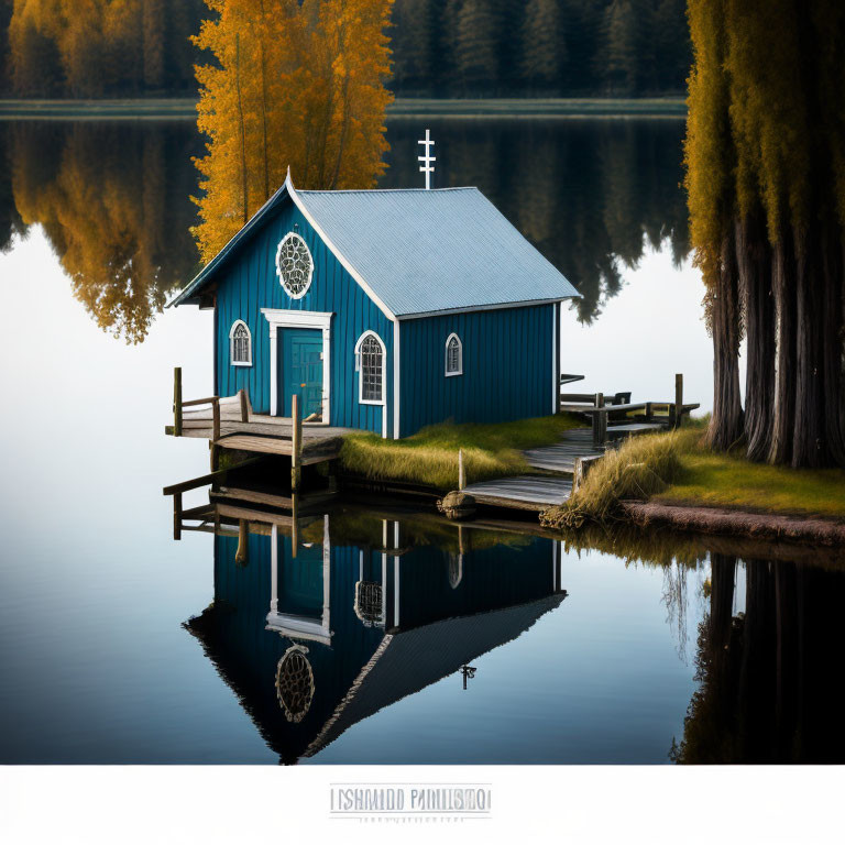 Tranquil Blue Chapel Reflected on Calm Waters surrounded by Autumn Trees