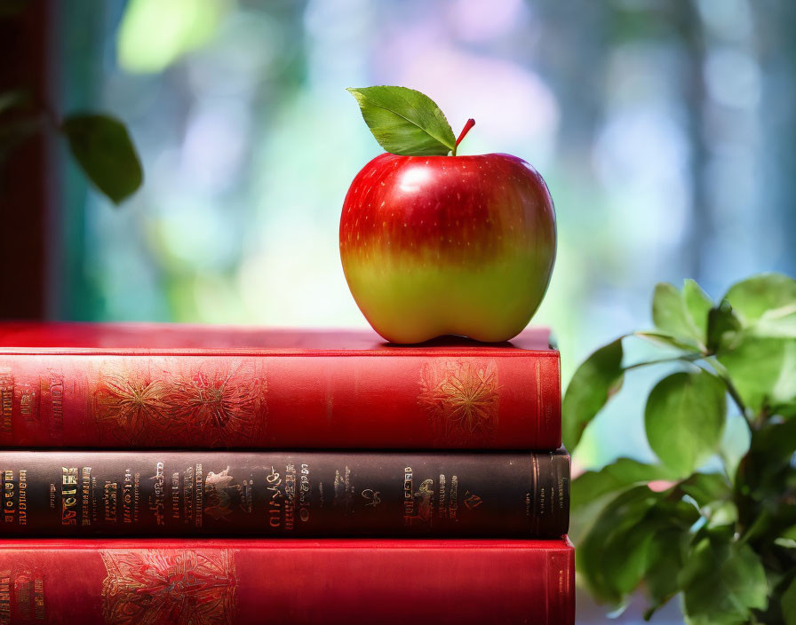 Red Apple and Books with Ornate Covers on Blurred Background