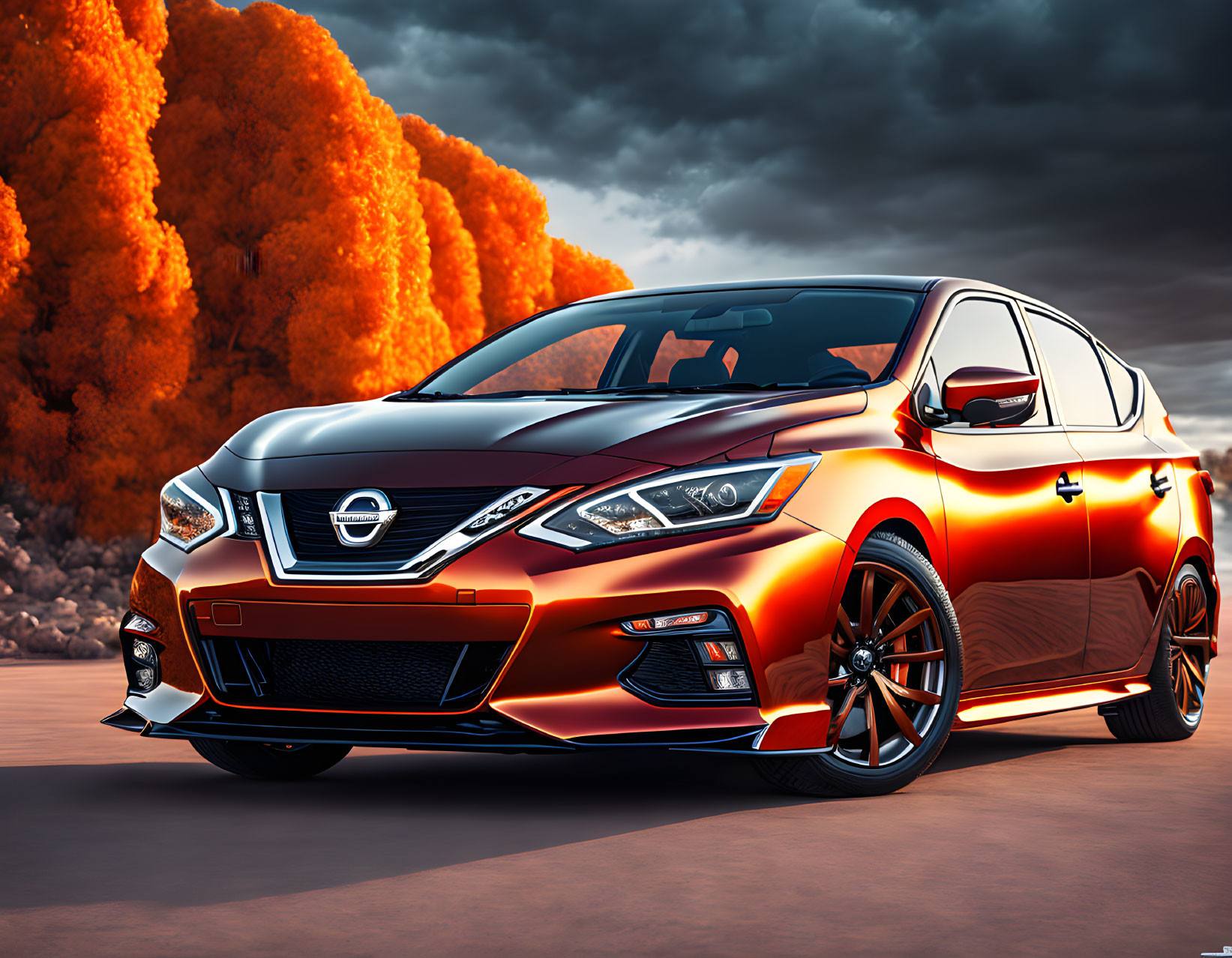 Red Nissan Sedan Parked Against Dramatic Sky and Orange Foliage