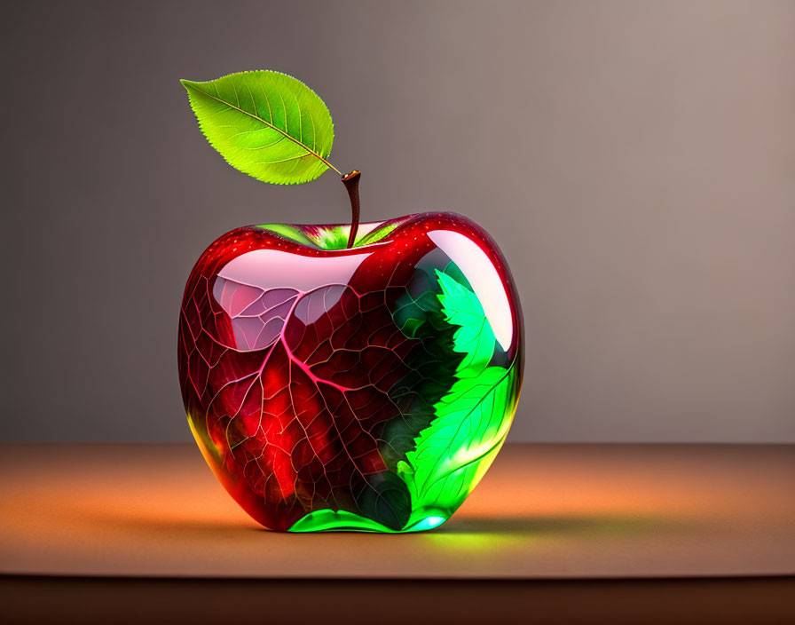 Shiny red apple with glowing green leaf and leafy pattern