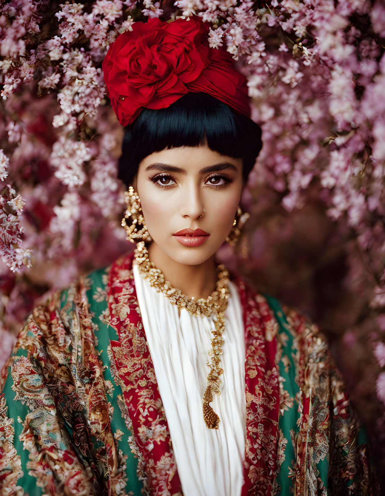 Traditional woman in red floral headpiece and blue headscarf, adorned with gold jewelry, against pink