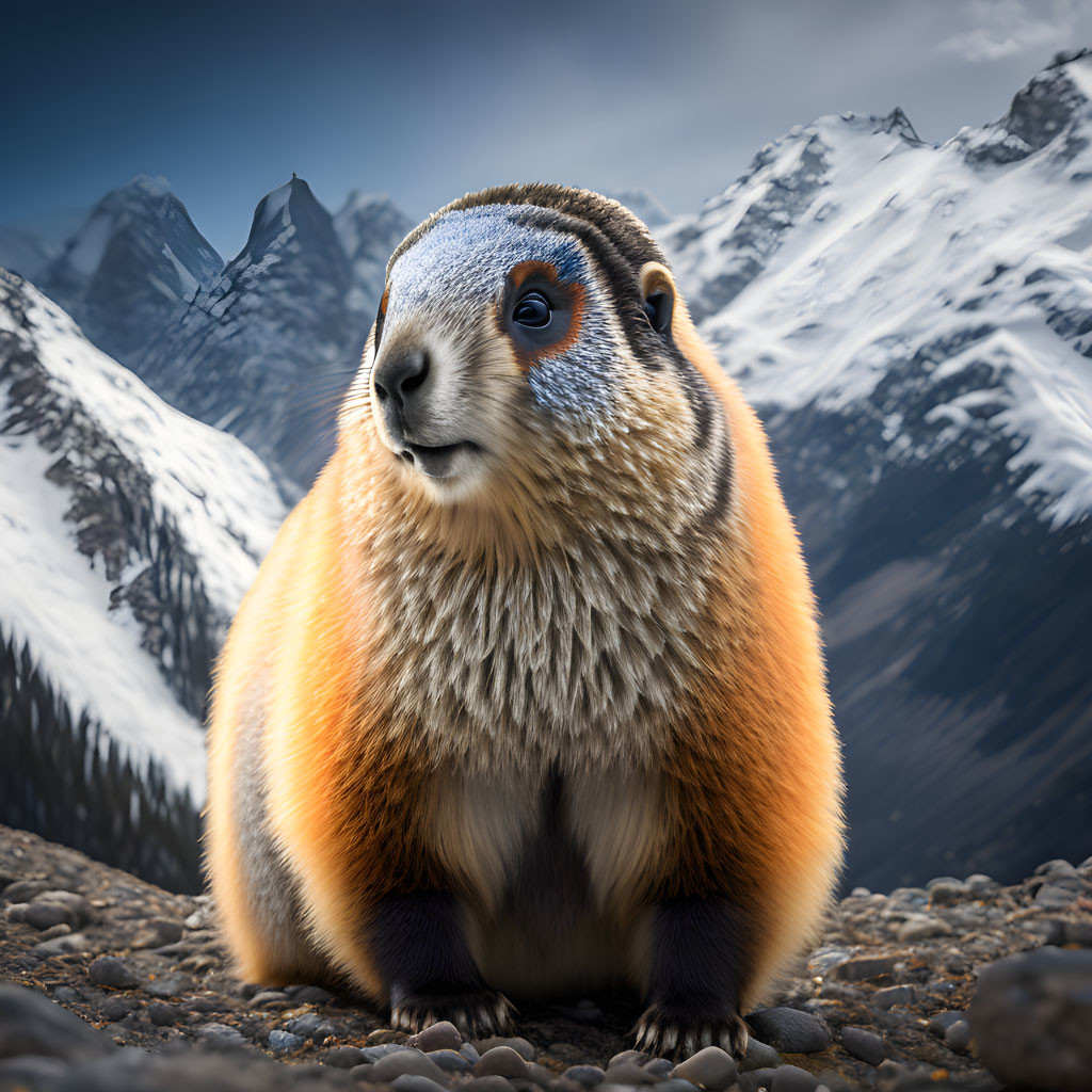 Bright Orange and Blue Plump Creature in Snowy Mountain Backdrop