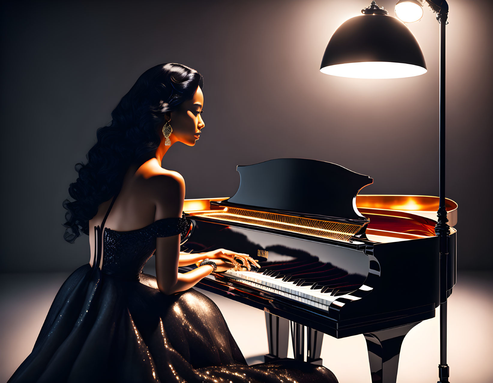 Elegant Woman in Black Dress Playing Grand Piano