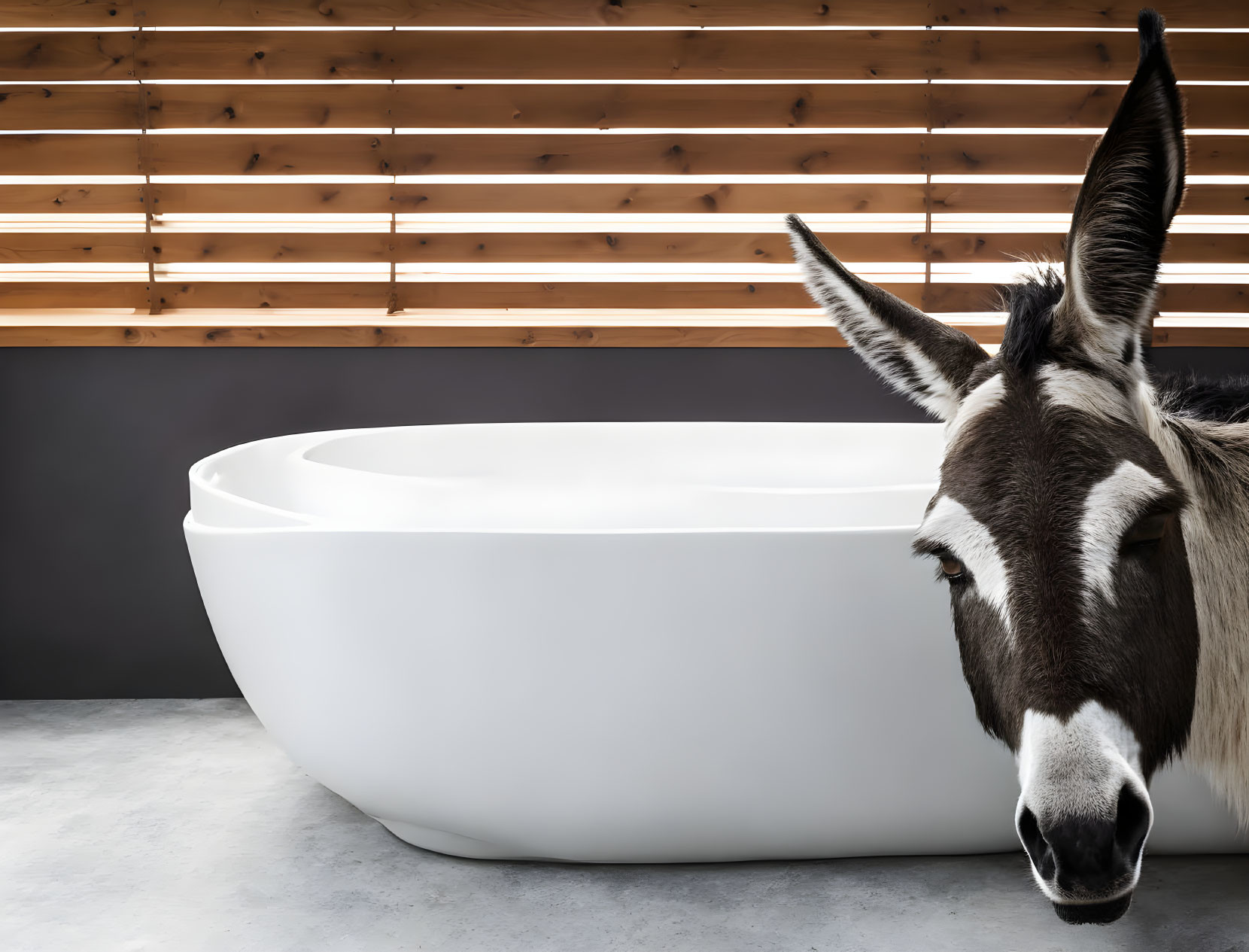 Donkey next to white bathtub in modern room