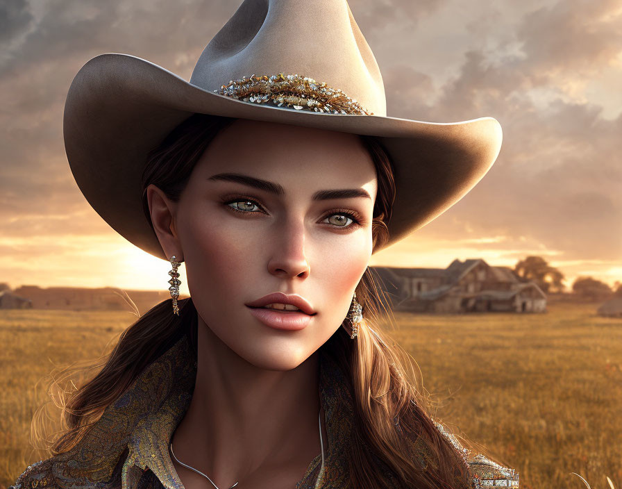 Cowboy hat woman with subtle makeup and earrings in sunset farm landscape