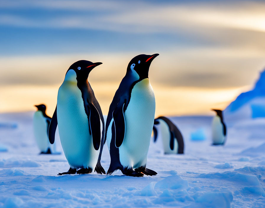 Two penguins on snow under sunset sky with more penguins in background