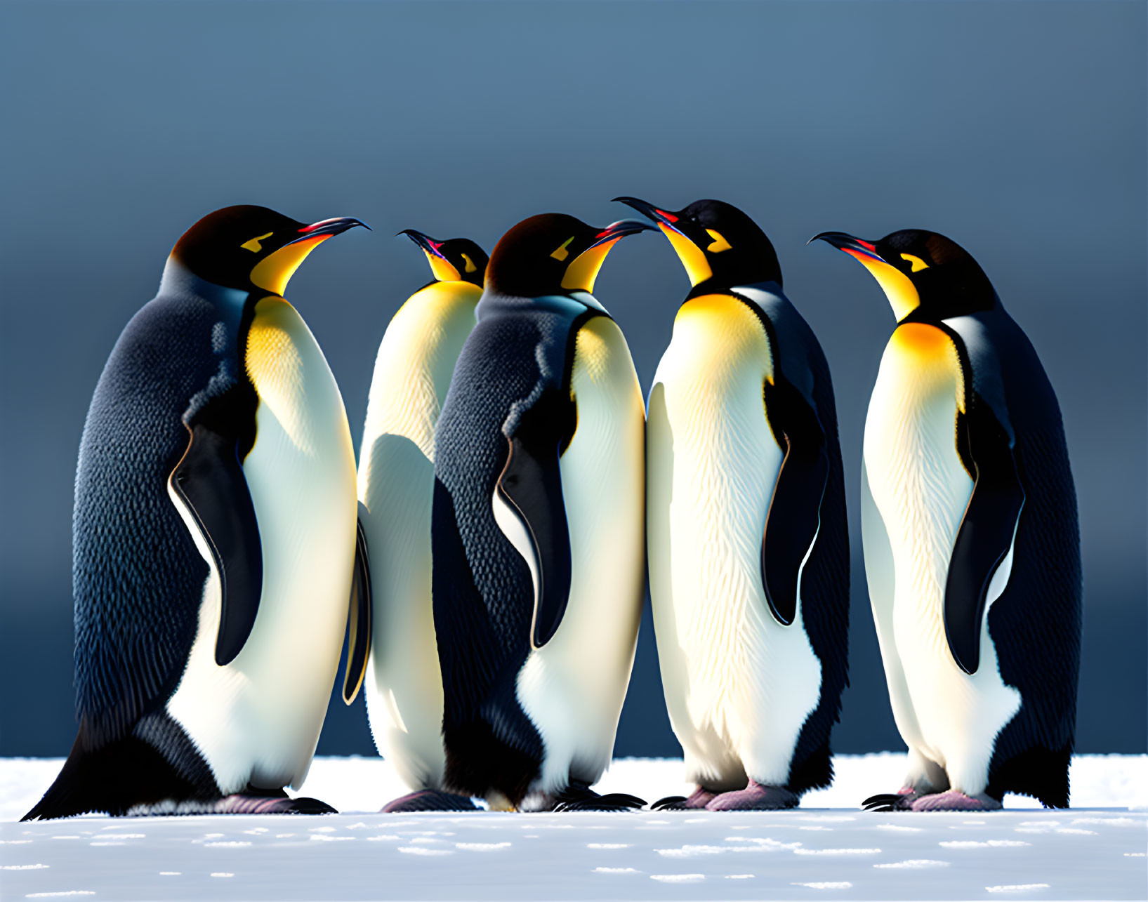 Emperor Penguins on Snowy Surface with Blue Background