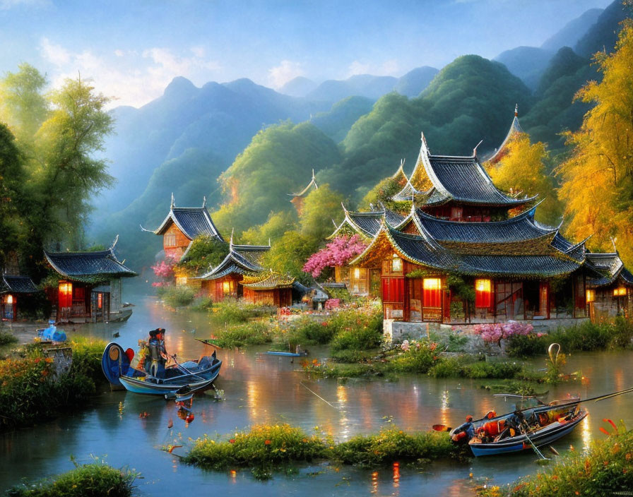 Tranquil river scene with Asian architecture, boats, and lush greenery at mountain sunrise.