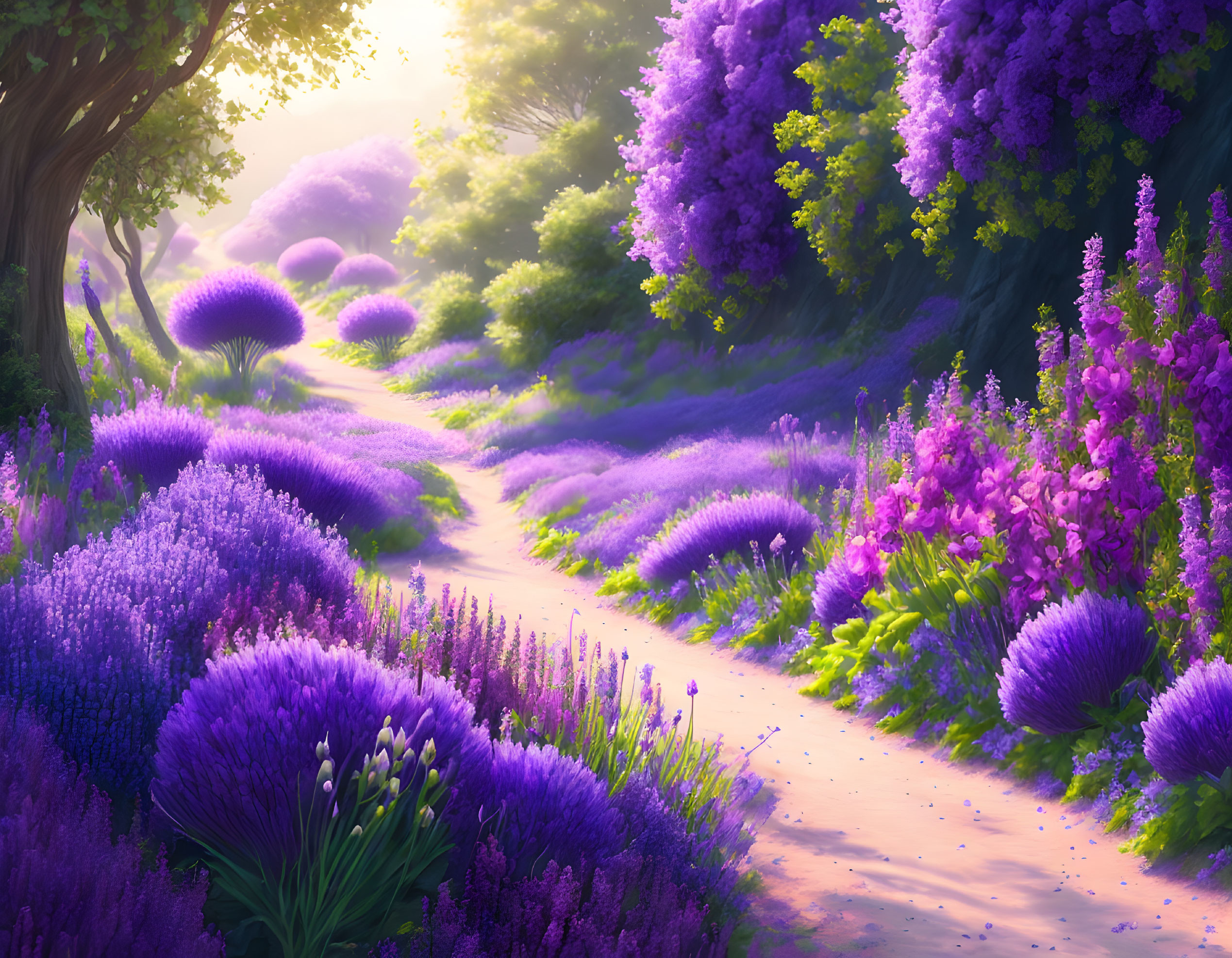 Colorful fantasy garden path with oversized flora and vibrant flowers