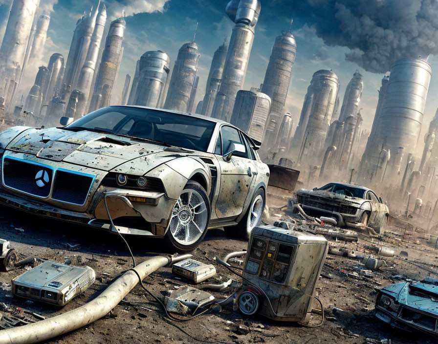 Weathered sports car in dystopian cityscape with derelict buildings and electronic debris.