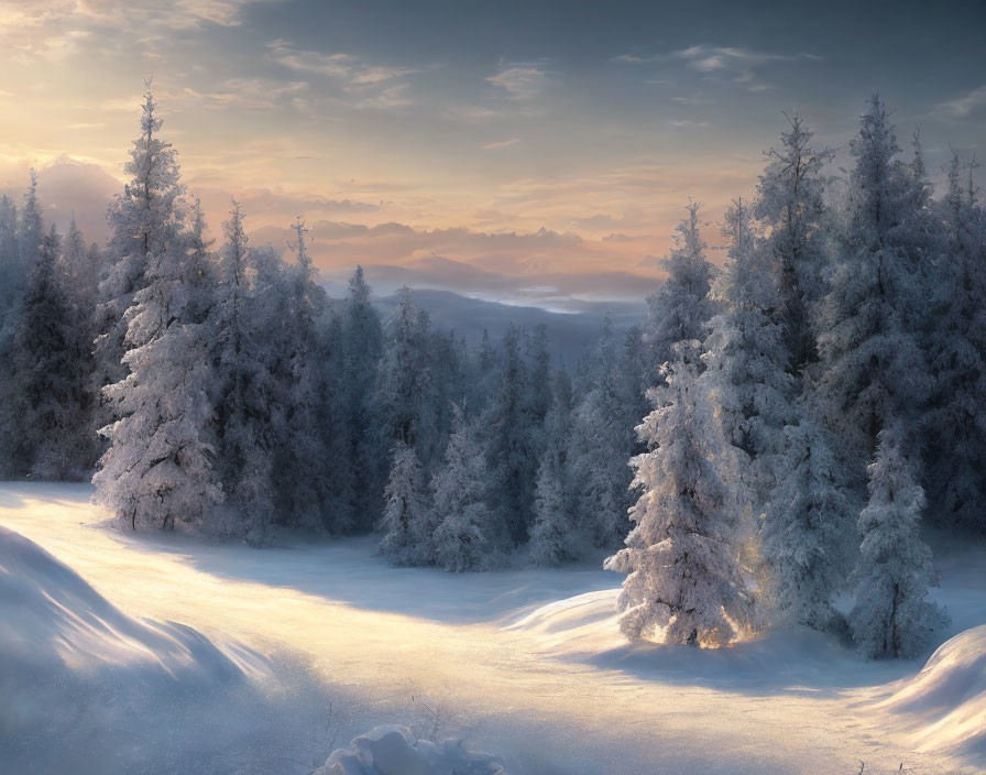 Snow-covered trees in serene winter sunrise.