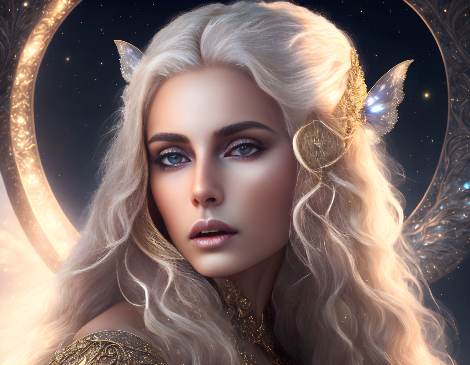 Fantasy illustration of ethereal woman with white hair and elf ears in celestial setting