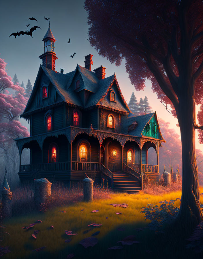 Victorian-style haunted house in twilight forest with bats, glowing red windows, and eerie sky