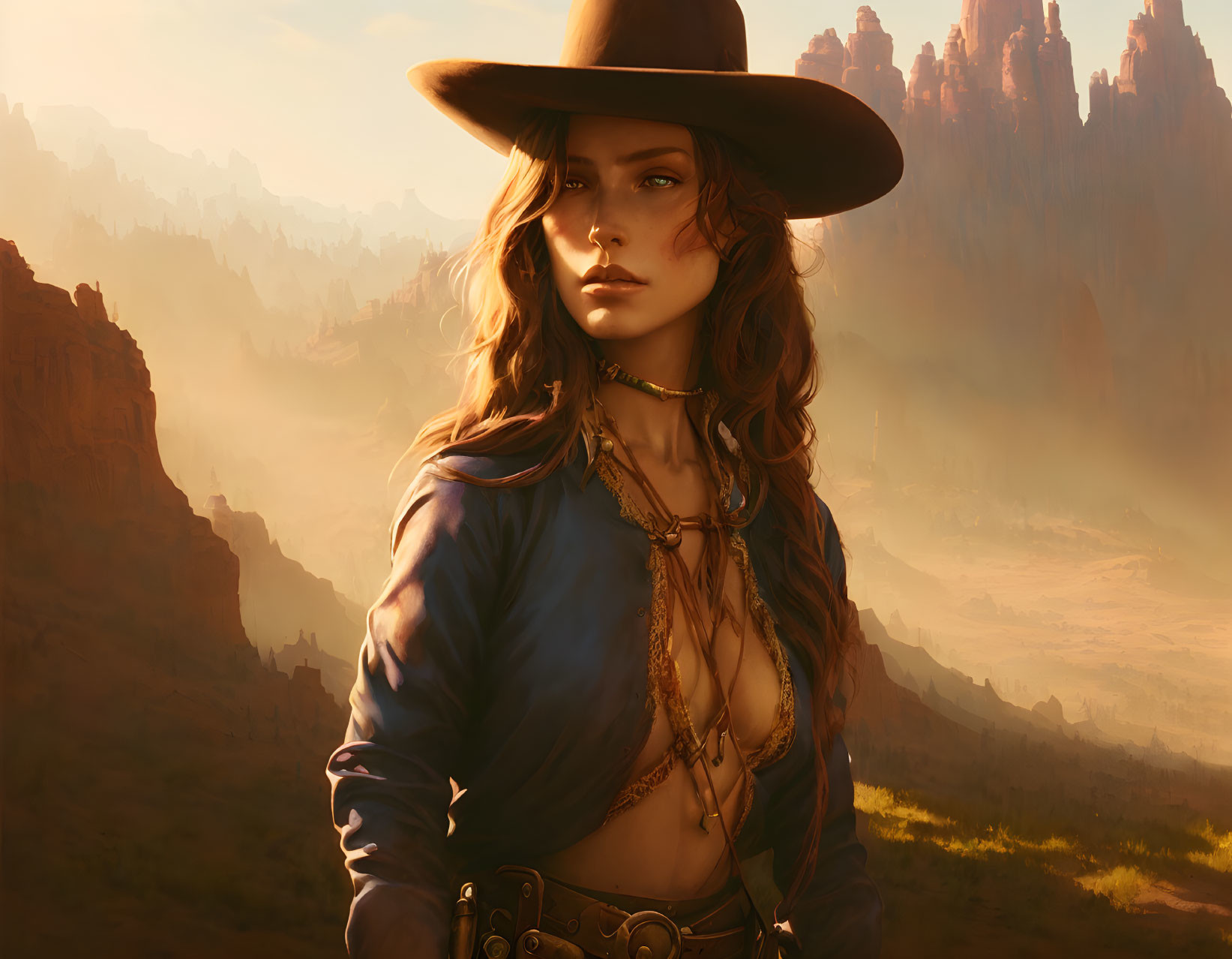 Digital illustration of woman in cowboy attire against desert backdrop