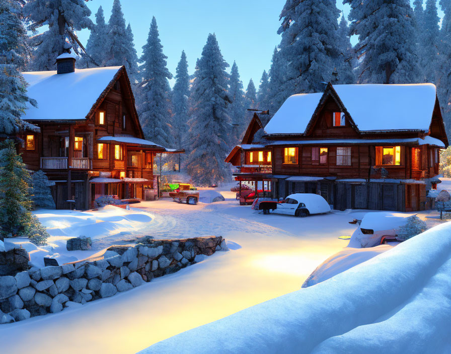 Winter log cabins in snowy forest at dusk with warm glowing lights